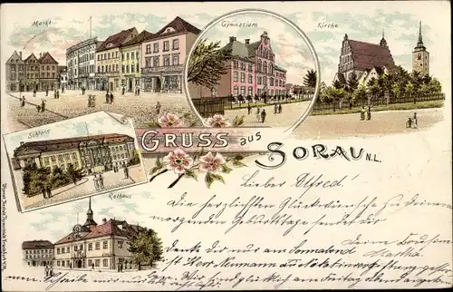 Litho Żary Sorau Niederlausitz Ostbrandenburg, Rathaus, Kirche, Schloss, Gymnasium, Markt
