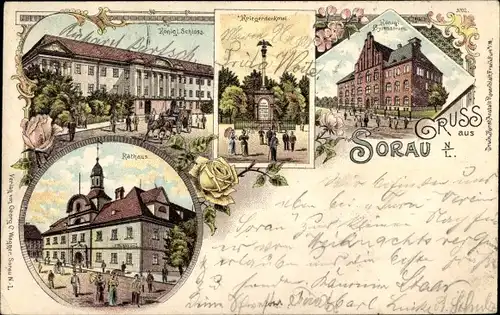 Litho Żary Sorau Niederlausitz Ostbrandenburg, Königliches Schloss, Kriegerdenkmal, Rathaus