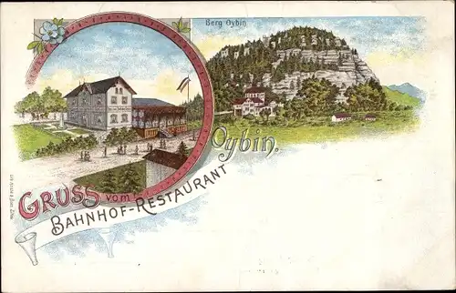 Litho Oybin in der Oberlausitz, Bahnhof-Restaurant, Berg Oybin