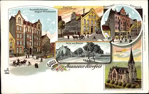 Litho Kleefeld Hannover in Niedersachsen, Kirche, Geschäftshäuser August Weidemann, Gasthof