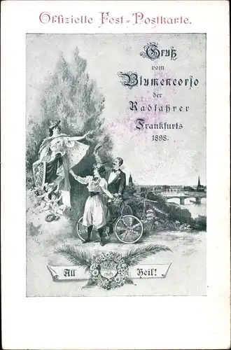 Litho Blumencorso der Radfahrer Frankfurts 1898, Liebespaar, Kriegerin mit Schutzschild