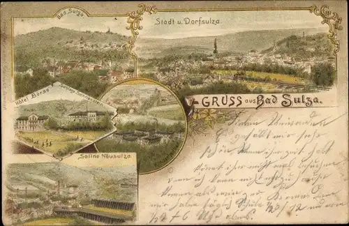 Litho Bad Sulza in Thüringen, Stadt und Dorf, Saline, Hotel Börse, Kinderheilbad