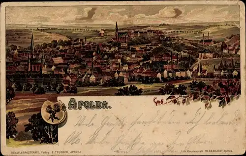 Wappen Litho Apolda im Weimarer Land Thüringen, Panoramablick auf die Stadt