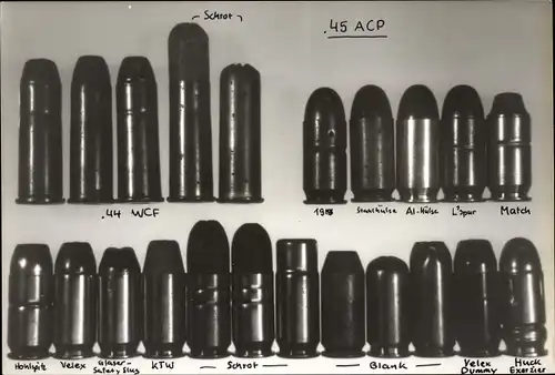 Foto Munition, Patronen .44 WCF Winchester Center Fire, .45 ACP Automatic Colt Pistol, Velex Dummy