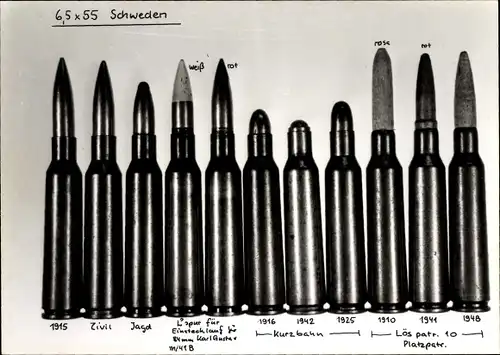 Foto Munition, Patronen 6,5x55 Schweden, 1915-1948, Zivil, Jagd, Kurzbahn, Platzpatronen
