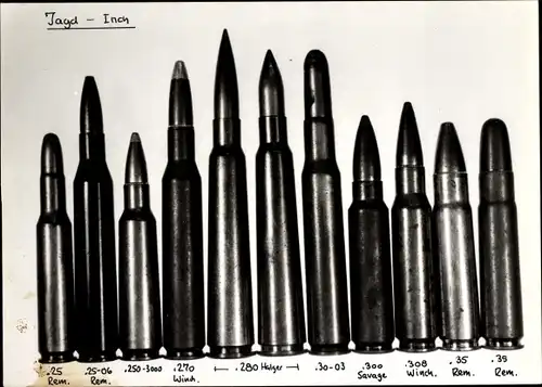 Foto Munition, Patronen Jagd Inch, .25 Remington, .25-06 Rem., .250-3000, .280 Halger, .308 Winch.