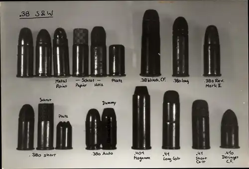 Foto Munition, Patronen .38 S&W, .38 Winchester CF, .380 Rev. Mark II, .410 Deringer CF, .401 Magnum