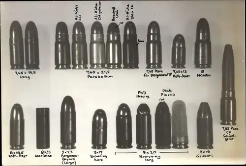 Foto Munition, Patronen 7,64x21,5 Parabellum, 9x20 Browning lang, 9x23 Bergman Bayard