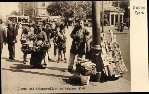 Ak Berlin Tiergarten, Blumen- und Zeitungsverkäufer am Potsdamer Platz