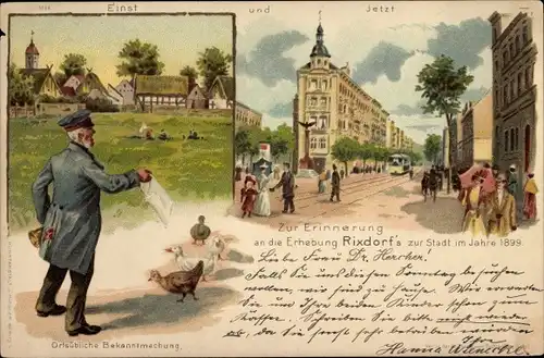 Litho Berlin Neukölln Rixdorf, Ortsansicht im historischen Vergleich, Erhebung 1899, Bekanntmachung