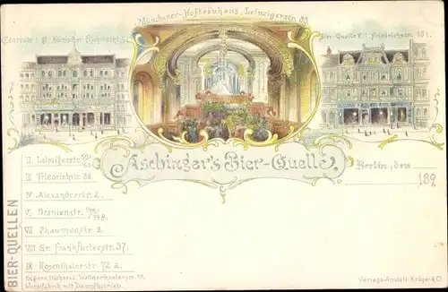 Litho Berlin Mitte, Aschbinger's Bier-Quelle, Münchener Hofbräuhaus, Leipzigerstraße 83