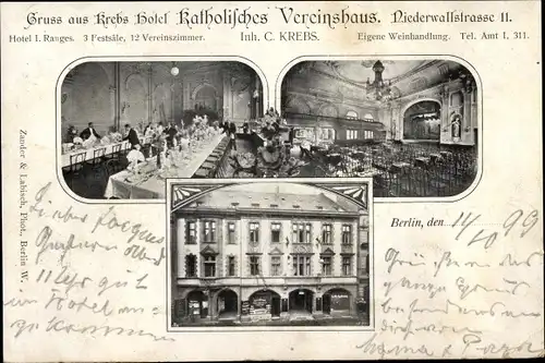 Ak Berlin Mitte, Krebs Hotel, Kath. Vereinshaus, Niederwallstraße 11