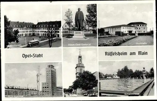 Ak Rüsselsheim in Hessen, Marktplatz, Adam Opel Denkmal, Stadthalle, Bahnhof, Ev. Kirche, Schwimmbad