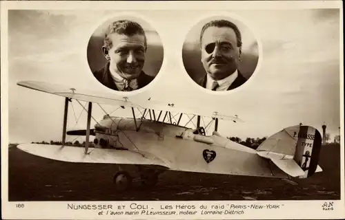 Ak Flugpioniere Nungesser u. Coli, avion marin P. Levasseur, Heros du raid Paris New York