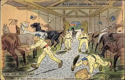 Ak Französische Soldaten im Pferdestall, La Vie Militaire, Aux petits soins des Canassons