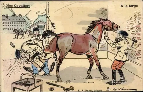 Künstler Ak Französische Soldaten, Soldatenlebe, Nos Cavaliers, A la forge, Pferd, Hufeisen