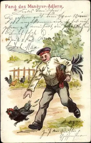 Litho Deutscher Soldat jagt Hühner, Fang des Manöver-Adlers