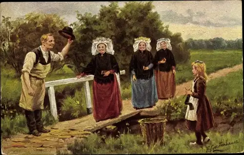 Künstler Ak Gerstenhauer, Frauen in Tracht, Brücke, Mann, Mädchen, Stricken