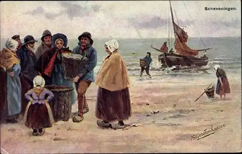 Künstler Ak Gerstenhauer, J. G., Scheveningen Den Haag Südholland, Fischerfamilie, Seeufer, Boot