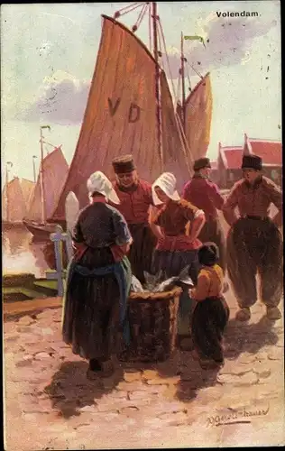 Künstler Ak Gerstenhauer, Johann Georg, Edam Volendam, The fish market, Fischmarkt, Niederländer