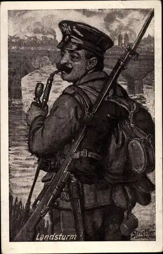 Künstler Ak Strieffler, Landsturm, Soldat mit Pfeife am Wasser, Eisenbahnviadukt