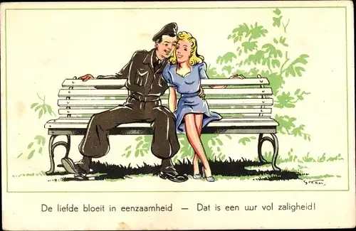 Künstler Ak Niederländischer Soldat mit Frau, Soldatenliebe, De liefde bloeit in eenzaamheid...