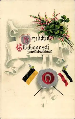 Präge Ak Glückwunsch Geburtstag, Fahnen, Kleeblätter, Hufeisen