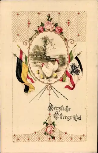 Litho Glückwunsch Ostern, Hühner mit Küken, Fahnen, Rosenblüten, Patriotik