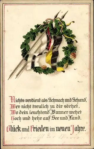 Ak Glückwunsch Neujahr, Patriotik, Fahnen, Lanzen, Lorbeerkranz