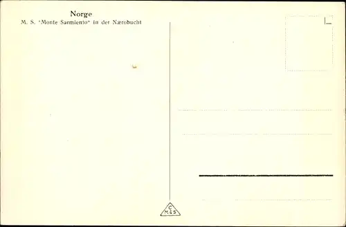 Ak Norwegen, Dampfer Monte Sarmiento, Naerobucht, HSDG