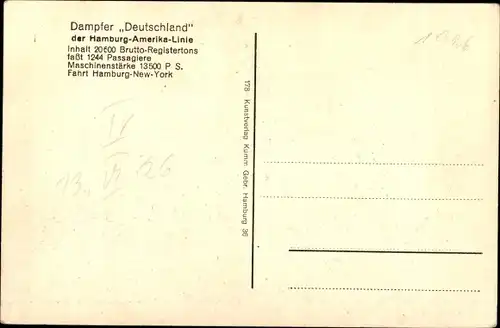 Ak Dampfschiff Deutschland der HAPAG in Fahrt