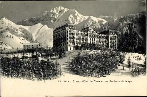 Ak Caux Kt. Waadt Schweiz, Grand Hotel, Rochers de Naye, Gebirgskette