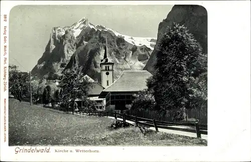 Ak Grindelwald Kanton Bern, Kirche und Wetterhorn