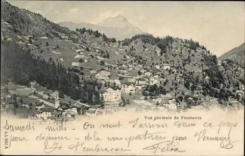 Ak Finshauts Kanton Wallis, Vue generale de Finshauts, Ortsansicht mit Kirche, Berge
