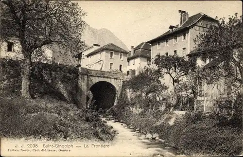 Ak Saint Gingolph Kt. Wallis, La Frontiere, Brücke, Fluss, Grenze