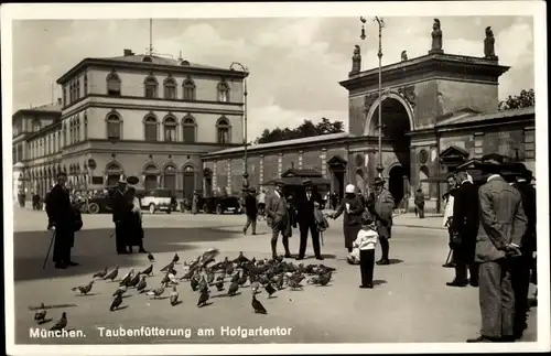 Ak München Bayern, Tauebnfütterung am Hofgartentor