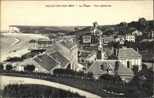 Ak Veulettes sur Mer Seine Maritime, La Plage, Panorama
