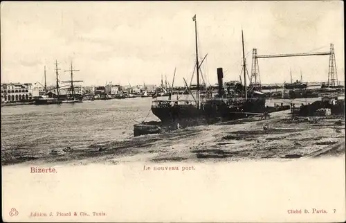 Ak Bizerte Tunesien, Le nouveau Port, Hafenansicht, Schiffe, Brücke