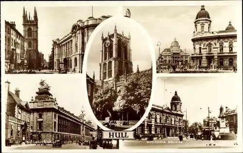 Ak Kingston upon Hull Yorkshire England, Victoria Square, City Hall, Church