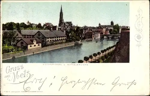 Ak Metz Moselle, Pulverinsel, Mittelbrücke