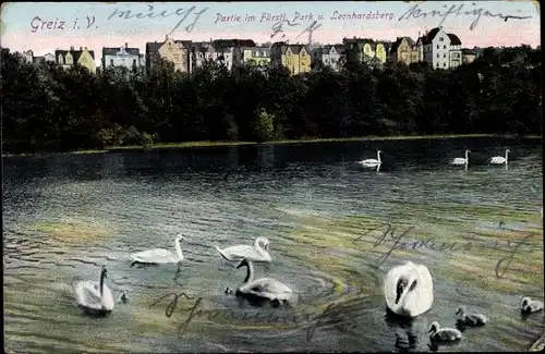 Ak Greiz in Thüringen, Parksee und Leonhardsberg, Fürstl. Park