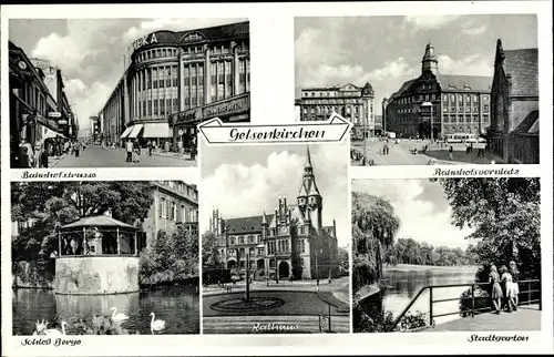 Ak Gelsenkirchen im Ruhrgebiet, Rathaus, Bahnhofstraße, Bahnhofsvorplatz, Schloss Berge, Stadtgarten