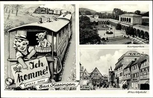 Ak Bad Kissingen, Kurgarten, Marktplatz, illustrierte Eisenbahn mit Kind, Hund, Schild "Ich komme!",