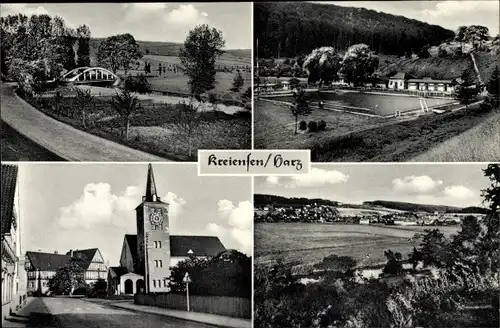 Ak Kreiensen Einbeck, Schwimmbad mit Naturfreundehaus, Kirche, Gesamtansicht