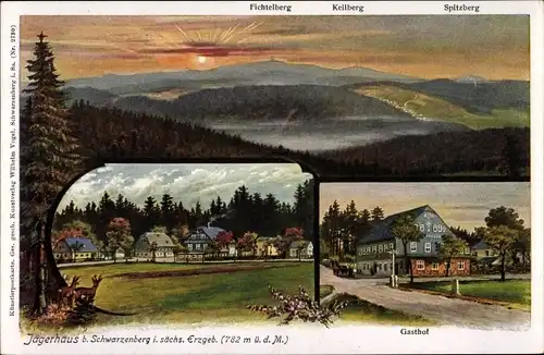 Künstler Ak Jägerhaus Schwarzenberg Sächs. Erzgebirge, Jägerhaus mit Gasthof, Spitzberg, Fichtelberg