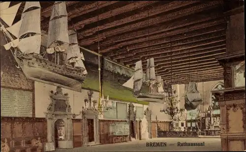 Ak Hansestadt Bremen, Rathaussaal, Innenansicht, Schiffmodelle