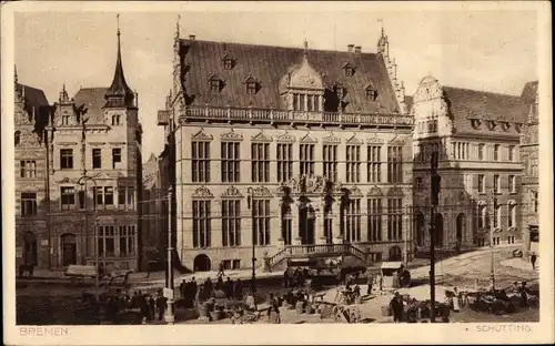 Ak Hansestadt Bremen, Marktplatz mit Schütting, Marktstände, Häuser