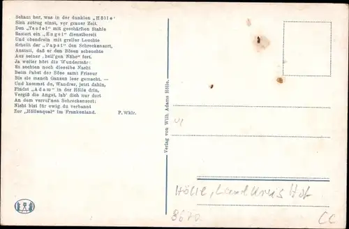 Ak Hölle Naila in Oberfranken, Frankenwald, Engel, Teufel Gedicht, Gruß aus der Hölle