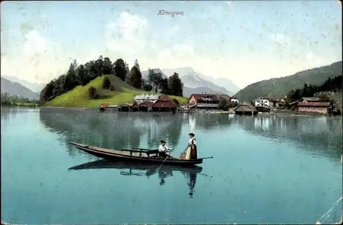 Ak Königssee Oberbayern, Partie am Königsee, Häuser, Boot