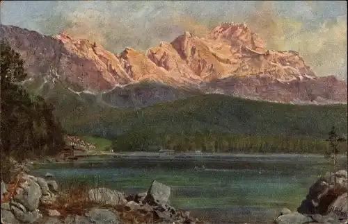 Künstler Ak Grainau in Oberbayern, Eibsee, Zugspitze